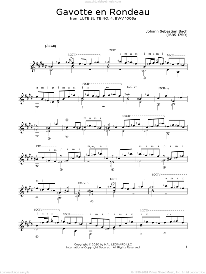 Gavotte En Rondeau sheet music for guitar solo by Johann Sebastian Bach and John Hill, classical score, intermediate skill level