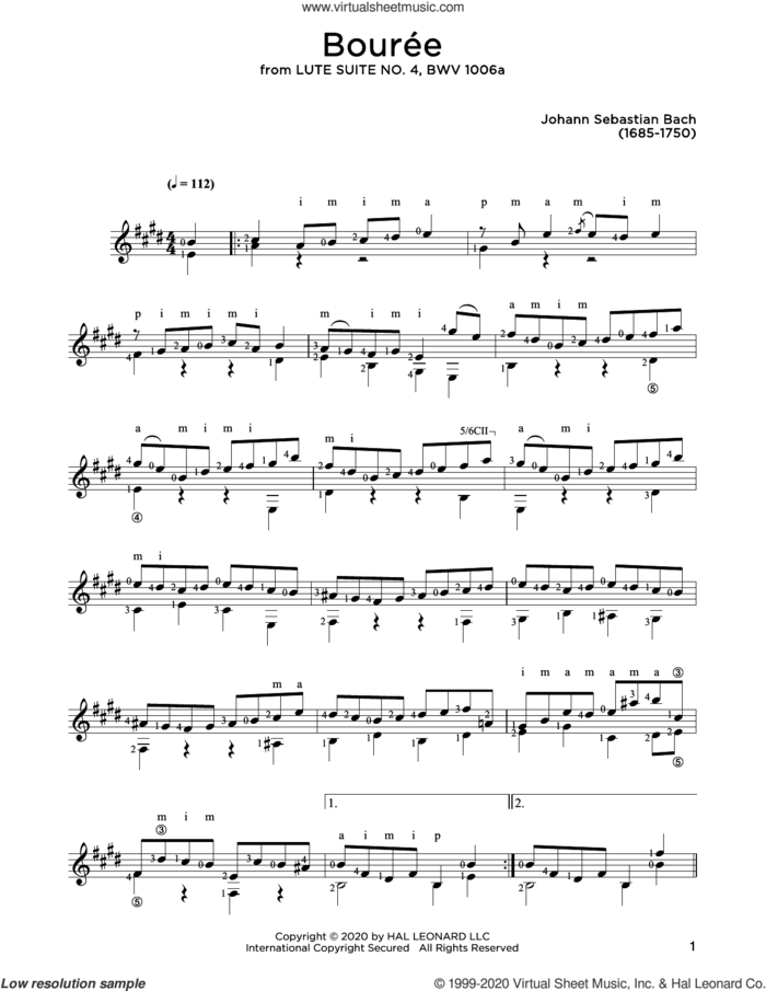 Bouree sheet music for guitar solo by Johann Sebastian Bach and John Hill, classical score, intermediate skill level