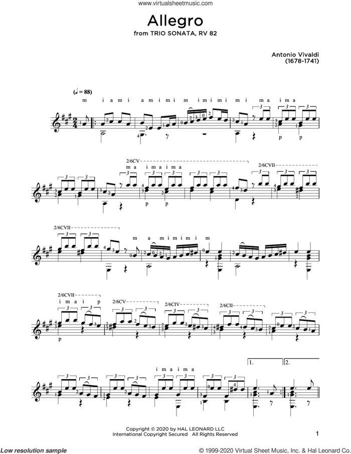 Allegro sheet music for guitar solo by Antonio Vivaldi and John Hill, classical score, intermediate skill level