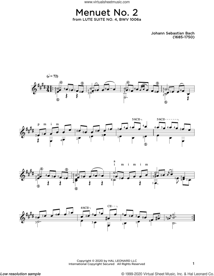 Menuet No. 2 sheet music for guitar solo by Johann Sebastian Bach and John Hill, classical score, intermediate skill level