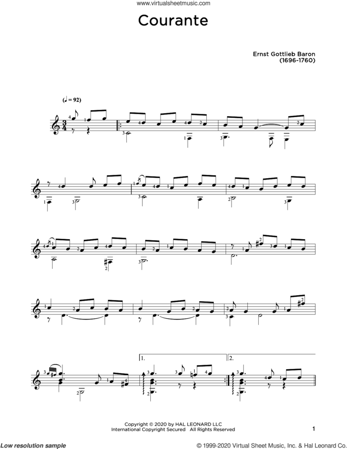 Courante sheet music for guitar solo by Ernst Gottlieb Baron and John Hill, classical score, intermediate skill level