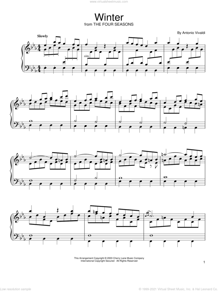 Winter (from The Four Seasons), (intermediate) sheet music for piano solo by Antonio Vivaldi, classical score, intermediate skill level