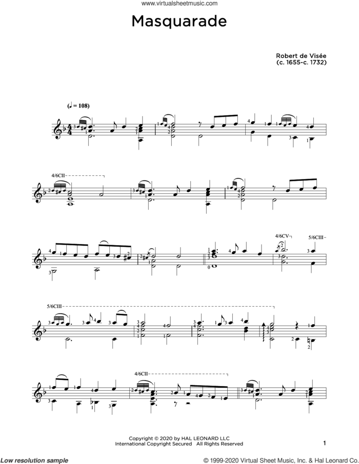 Masquarade sheet music for guitar solo by Robert de Visee and John Hill, classical score, intermediate skill level