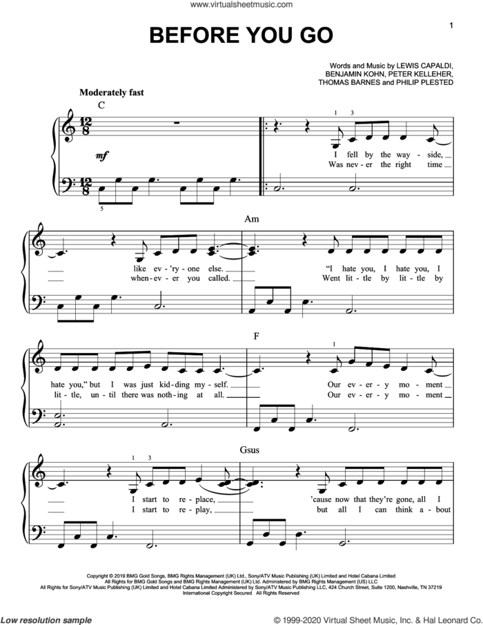 Before You Go sheet music for piano solo by Lewis Capaldi, Benjamin Kohn, Peter Kelleher, Philip Plested and Thomas Barnes, easy skill level