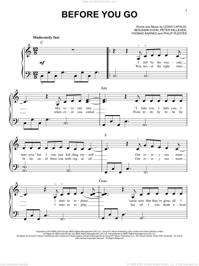 Before You Go sheet music for piano solo by Lewis Capaldi, Benjamin Kohn, Peter Kelleher, Philip Plested and Thomas Barnes, easy skill level