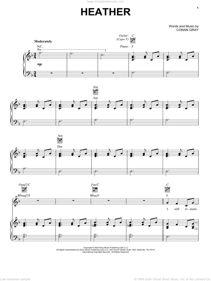 Heather sheet music for voice, piano or guitar by Conan Gray, intermediate skill level