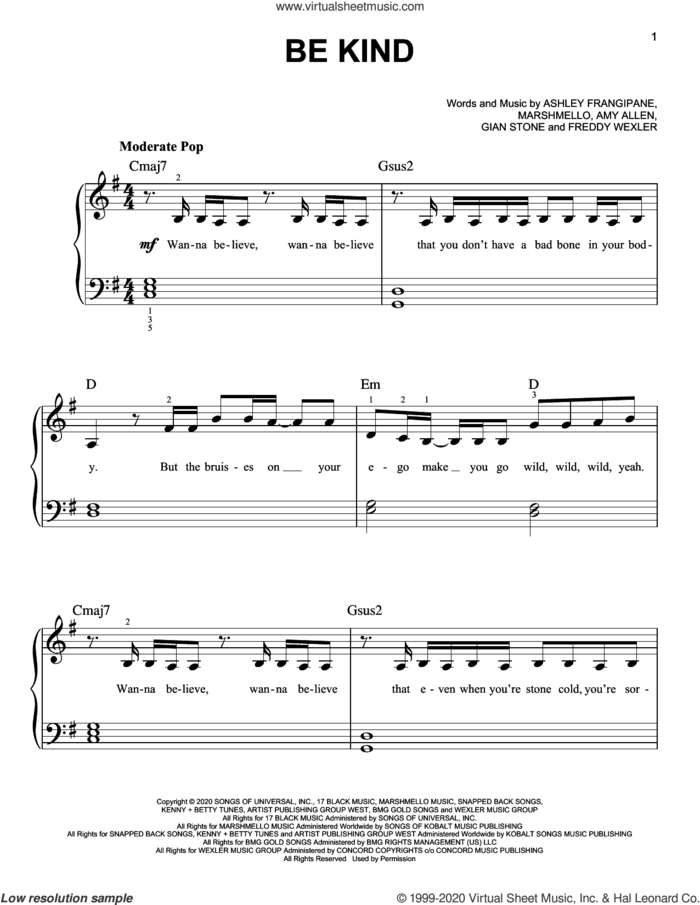 Be Kind sheet music for piano solo by Marshmello & Halsey, Amy Allen, Ashley Frangipane, Freddy Wexler, Gian Stone and Marshmello, easy skill level