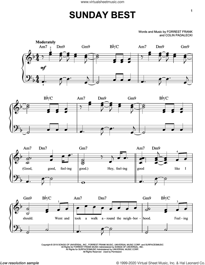 Sunday Best, (easy) sheet music for piano solo by Surfaces, Colin Padalecki and Forrest Frank, easy skill level