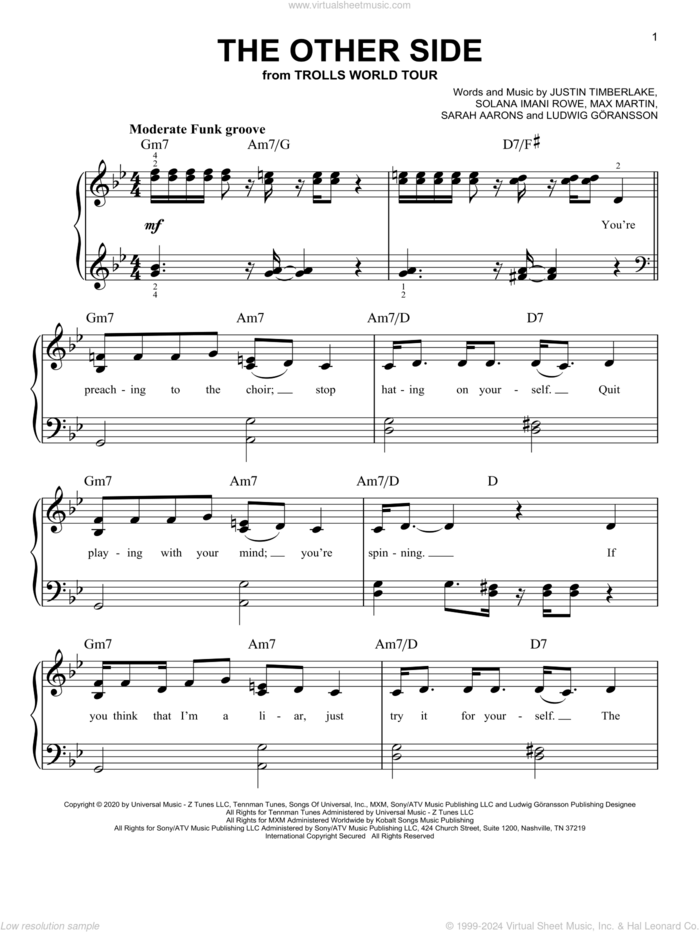 The Other Side (from Trolls World Tour) sheet music for piano solo by SZA & Justin Timberlake, Justin Timberlake, Ludwig Goransson, Ludwig Goransson, Max Martin, Sarah Aarons and Solana Imani Rowe, easy skill level