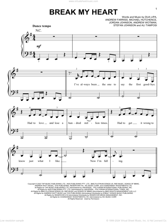 Break My Heart sheet music for piano solo by Dua Lipa, Ali Tamposi, Andrew Farris, Andrew Wotman, Jordan Johnson, Michael Hutchence and Stefan Johnson, easy skill level