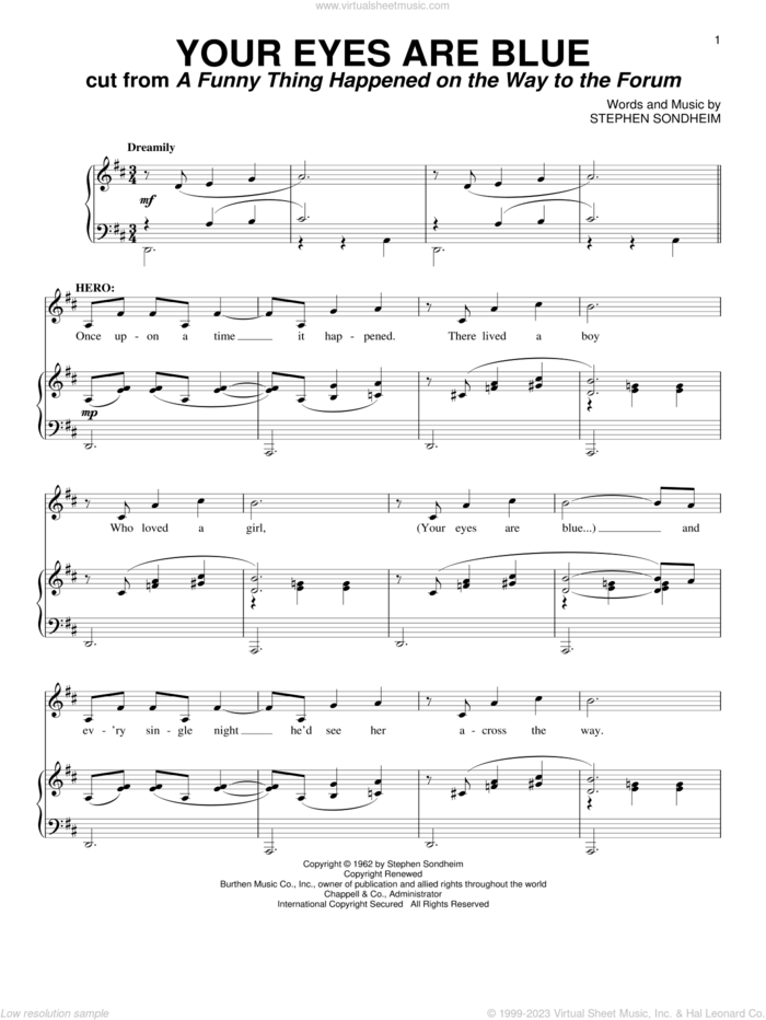 Your Eyes Are Blue sheet music for voice and piano by Stephen Sondheim, intermediate skill level