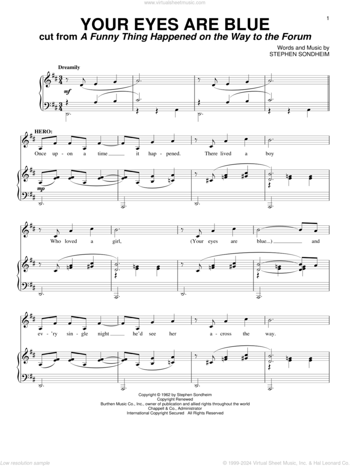 Your Eyes Are Blue sheet music for voice and piano by Stephen Sondheim, intermediate skill level