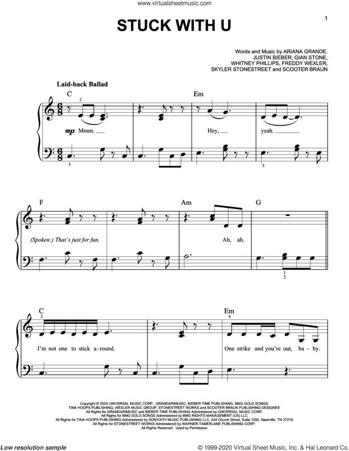 Stuck With U sheet music for piano solo by Ariana Grande and Justin Bieber, Ariana Grande, Freddy Wexler, Gian Michael Stone, Justin Bieber, Scooter Braun, Skyler Stonestreet and Whitney Phillips, easy skill level