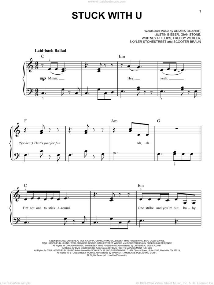 Stuck With U sheet music for piano solo by Ariana Grande and Justin Bieber, Ariana Grande, Freddy Wexler, Gian Michael Stone, Justin Bieber, Scooter Braun, Skyler Stonestreet and Whitney Phillips, easy skill level