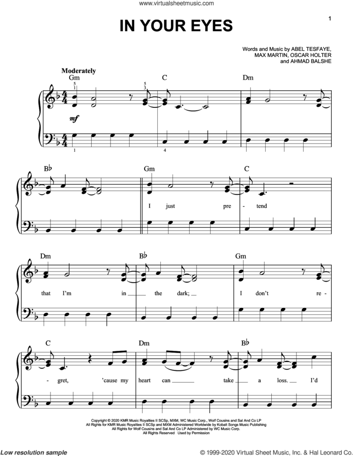 In Your Eyes sheet music for piano solo by The Weeknd, Abel Tesfaye, Ahmad Balshe, Max Martin and Oscar Holter, easy skill level