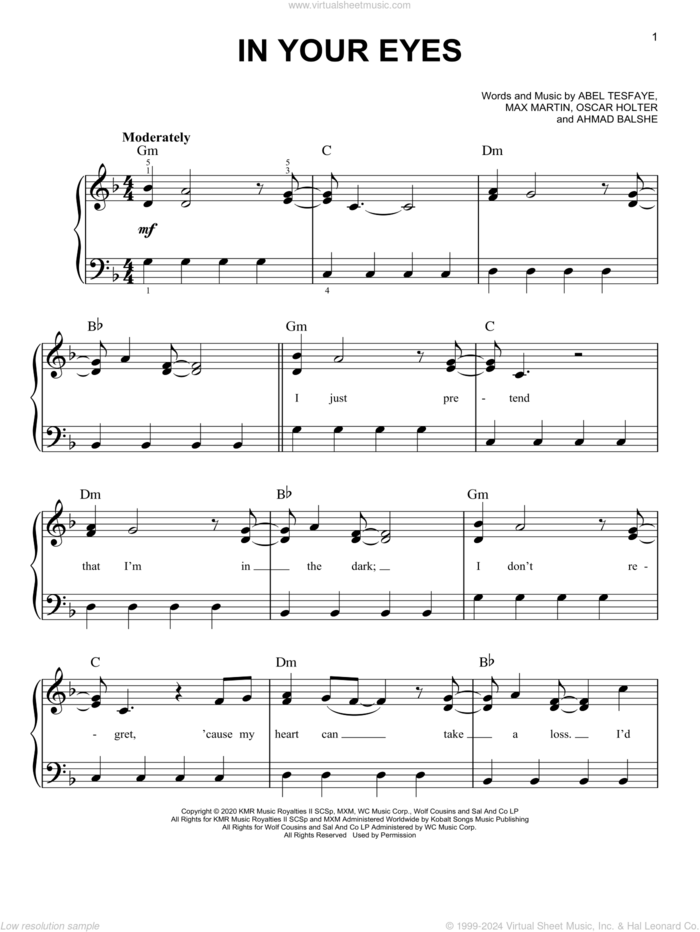 In Your Eyes sheet music for piano solo by The Weeknd, Abel Tesfaye, Ahmad Balshe, Max Martin and Oscar Holter, easy skill level