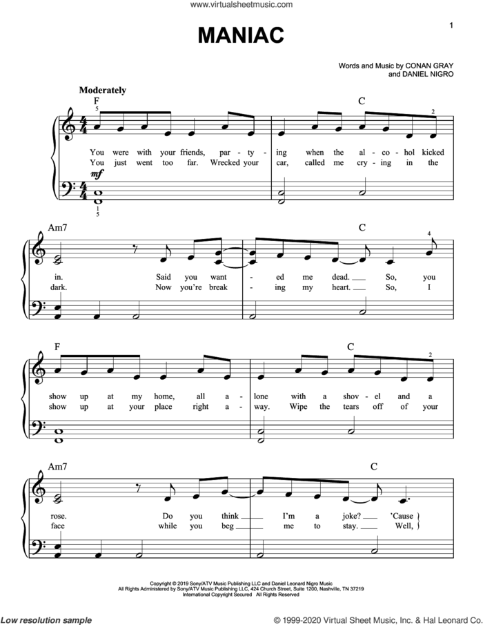 Maniac sheet music for piano solo by Conan Gray and Daniel Nigro, easy skill level