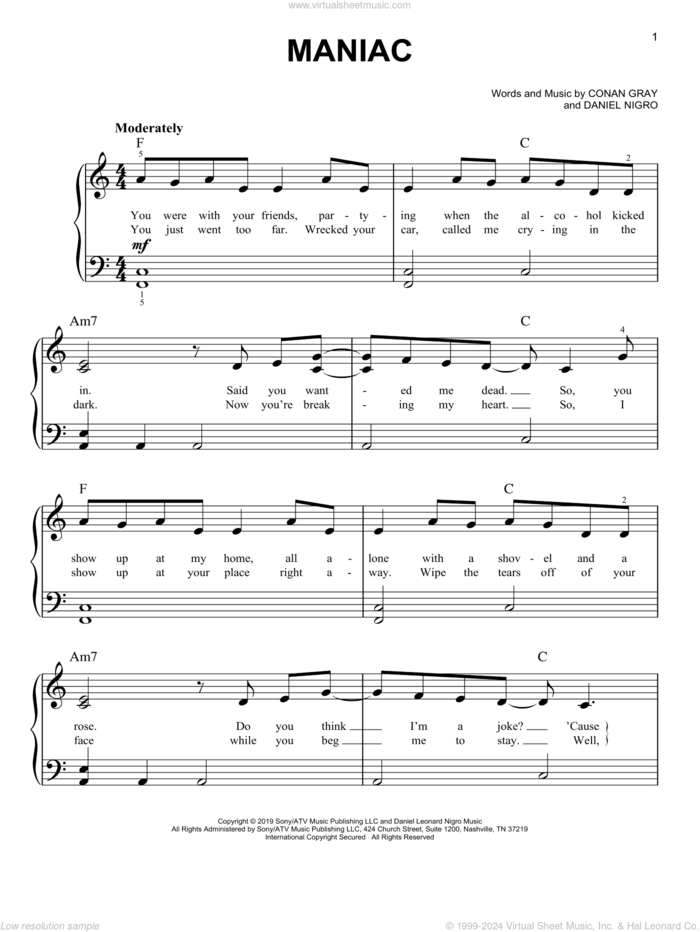 Maniac sheet music for piano solo by Conan Gray and Daniel Nigro, easy skill level