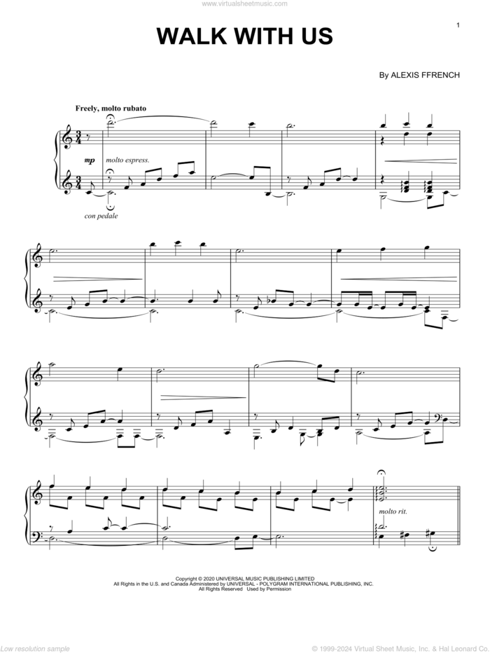 Walk With Us sheet music for piano solo by Alexis Ffrench, classical score, intermediate skill level
