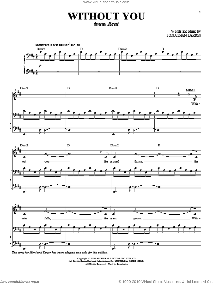 Without You sheet music for voice and piano by Jonathan Larson, intermediate skill level