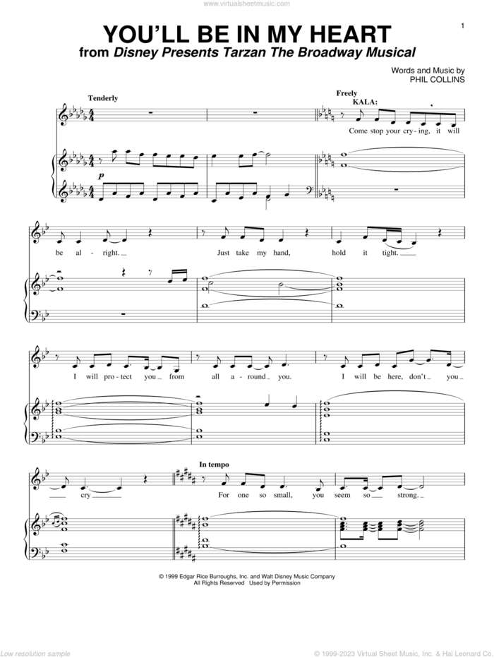 You'll Be In My Heart (from Tarzan: The Broadway Musical) sheet music for voice and piano by Phil Collins, intermediate skill level