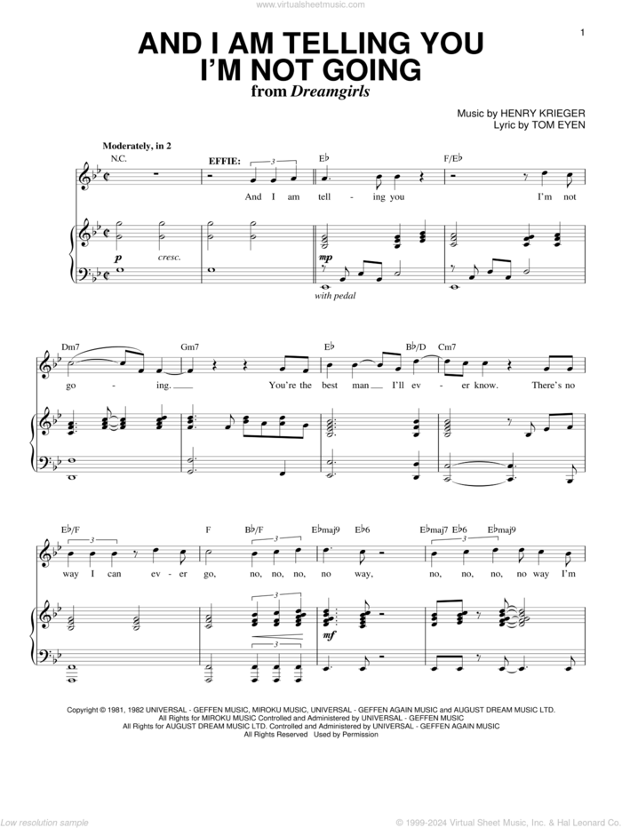 And I Am Telling You I'm Not Going sheet music for voice and piano by Henry Krieger, Dreamgirls (Musical), Jennifer Holliday and Tom Eyen, intermediate skill level