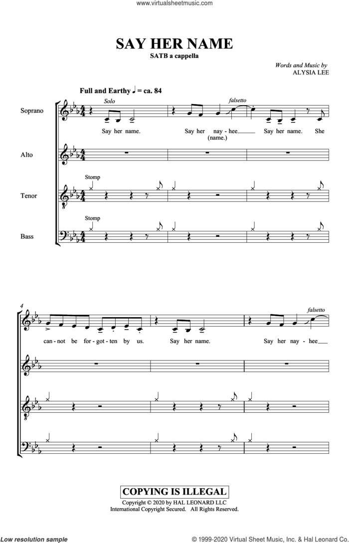 Say Her Name sheet music for choir (SATB: soprano, alto, tenor, bass) by Alysia Lee, intermediate skill level