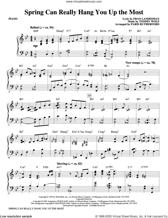 Spring Can Really Hang You Up The Most (arr. Paris Rutherford) (complete set of parts) sheet music for orchestra/band by Paris Rutherford, Fran Landesman, Fran Landesman and Tommy Wolf and Tommy Wolf, intermediate skill level