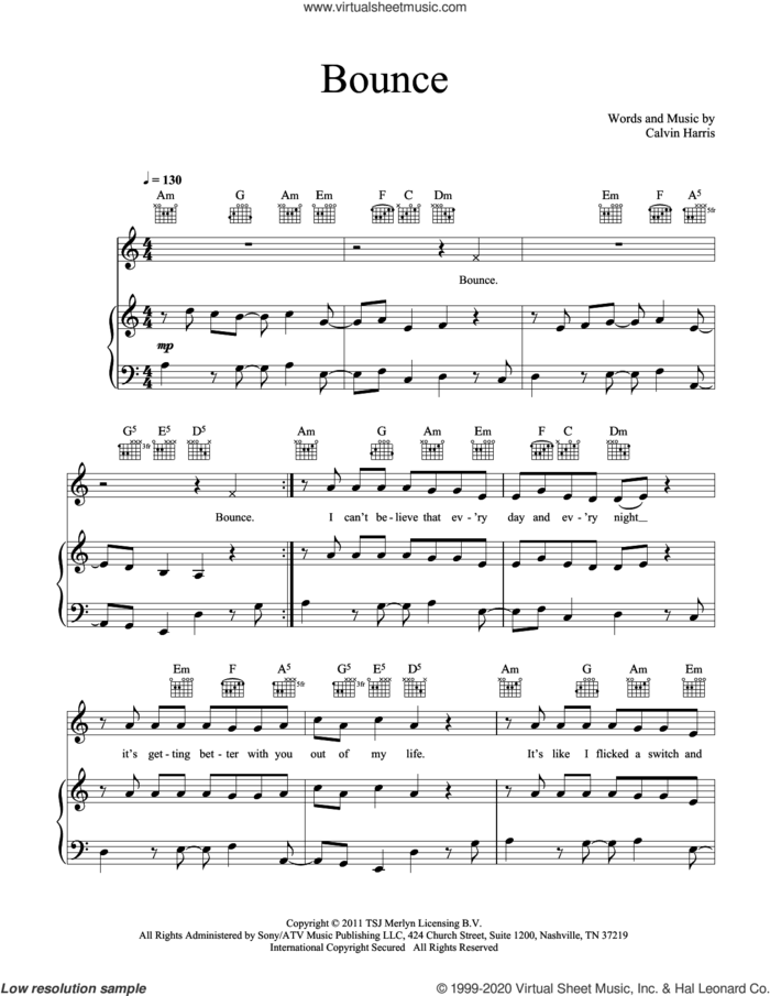 Bounce (feat. Kelis) sheet music for voice, piano or guitar by Calvin Harris, intermediate skill level