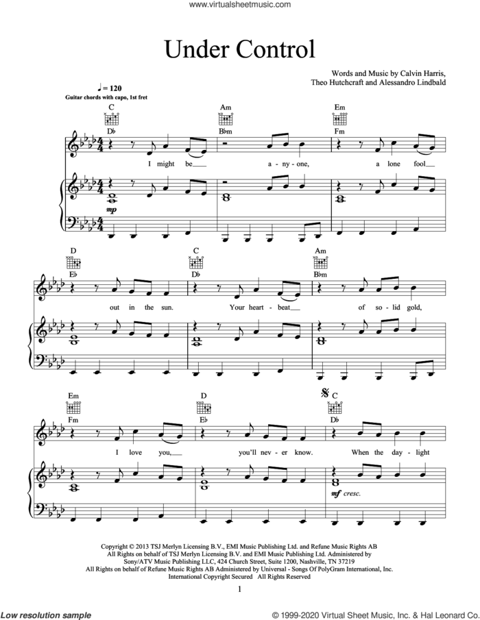 Under Control (feat. Hurts) sheet music for voice, piano or guitar by Calvin Harris and Alesso, Alessandro Lindblad, Calvin Harris and Theo Hutchcraft, intermediate skill level