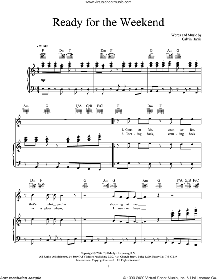Ready For The Weekend sheet music for voice, piano or guitar by Calvin Harris, intermediate skill level