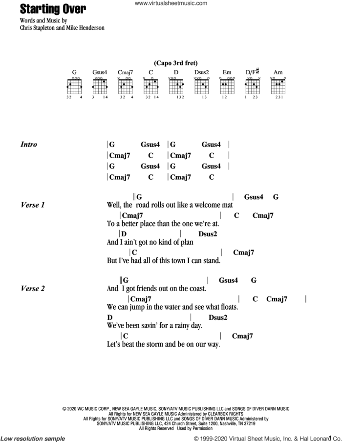 Starting Over sheet music for guitar (chords) by Chris Stapleton and Mike Henderson, intermediate skill level