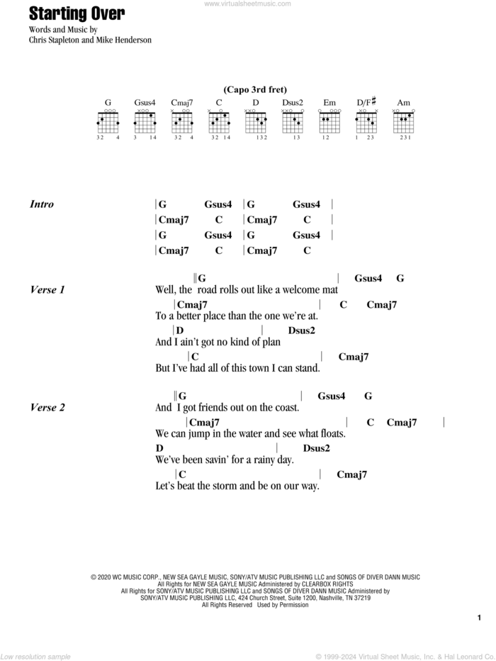 Starting Over sheet music for guitar (chords) by Chris Stapleton and Mike Henderson, intermediate skill level