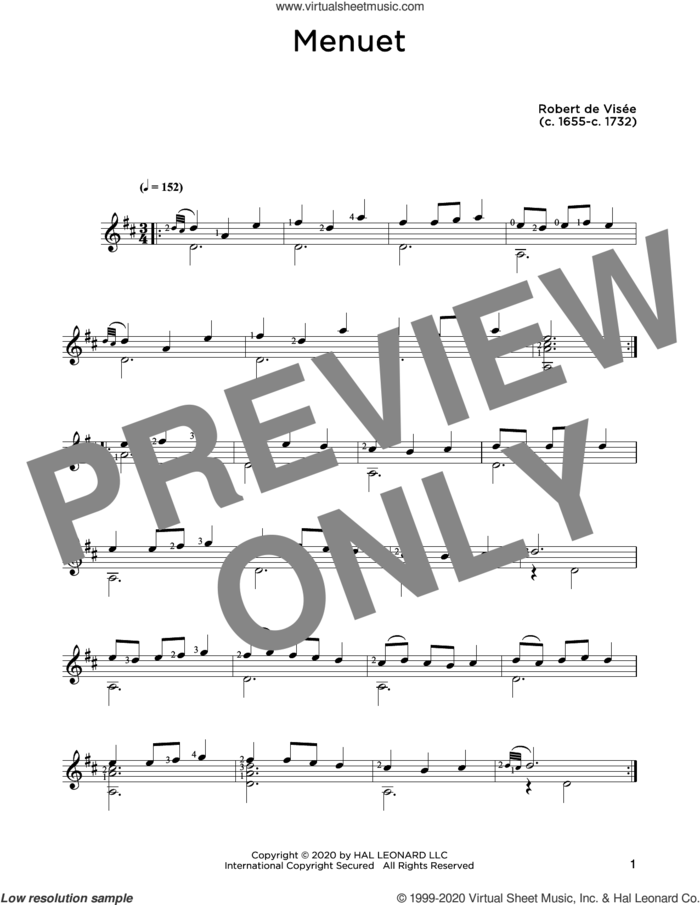 Menuet sheet music for guitar solo by Robert de Visee and John Hill, classical score, intermediate skill level