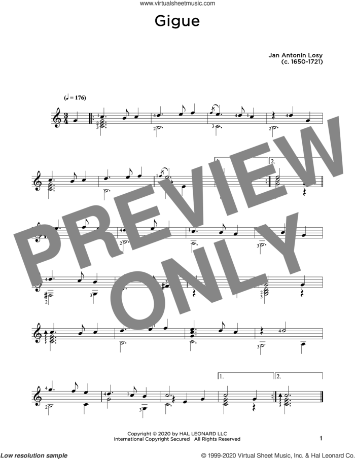 Gigue sheet music for guitar solo by Jan Antonin Losey and John Hill, classical score, intermediate skill level