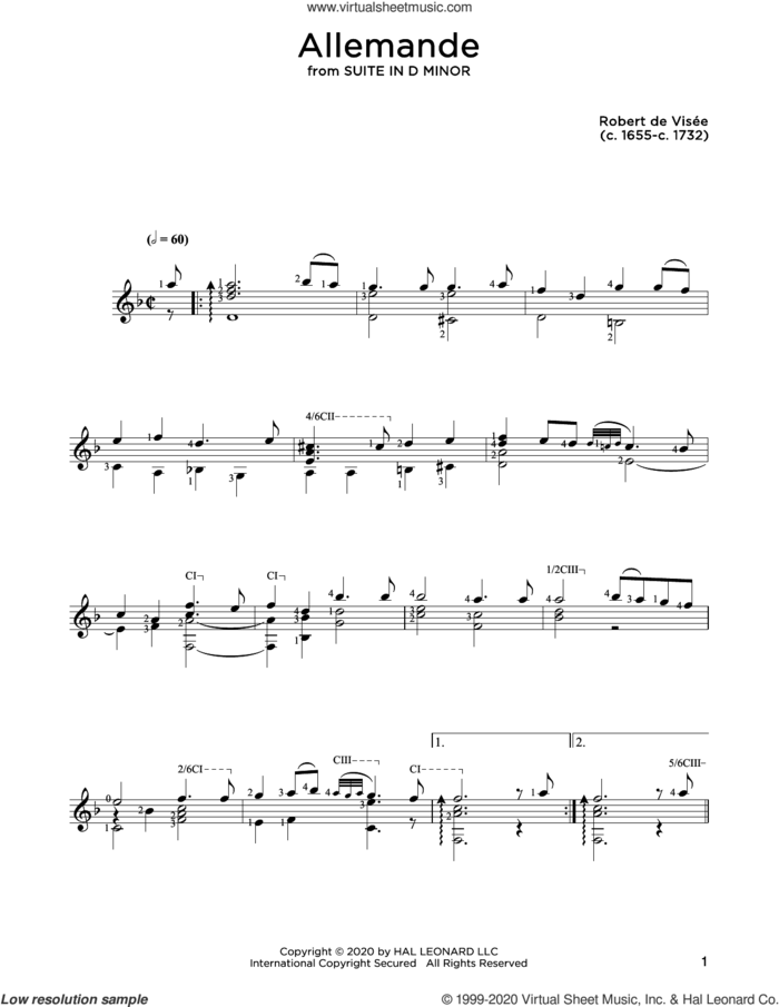 Allemande sheet music for guitar solo by Robert de Visee and John Hill, classical score, intermediate skill level