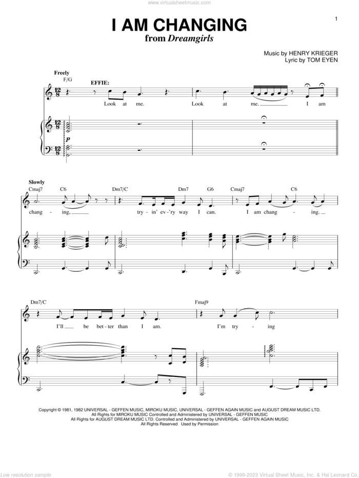 I Am Changing sheet music for voice and piano by Tom Eyen and Henry Krieger, intermediate skill level