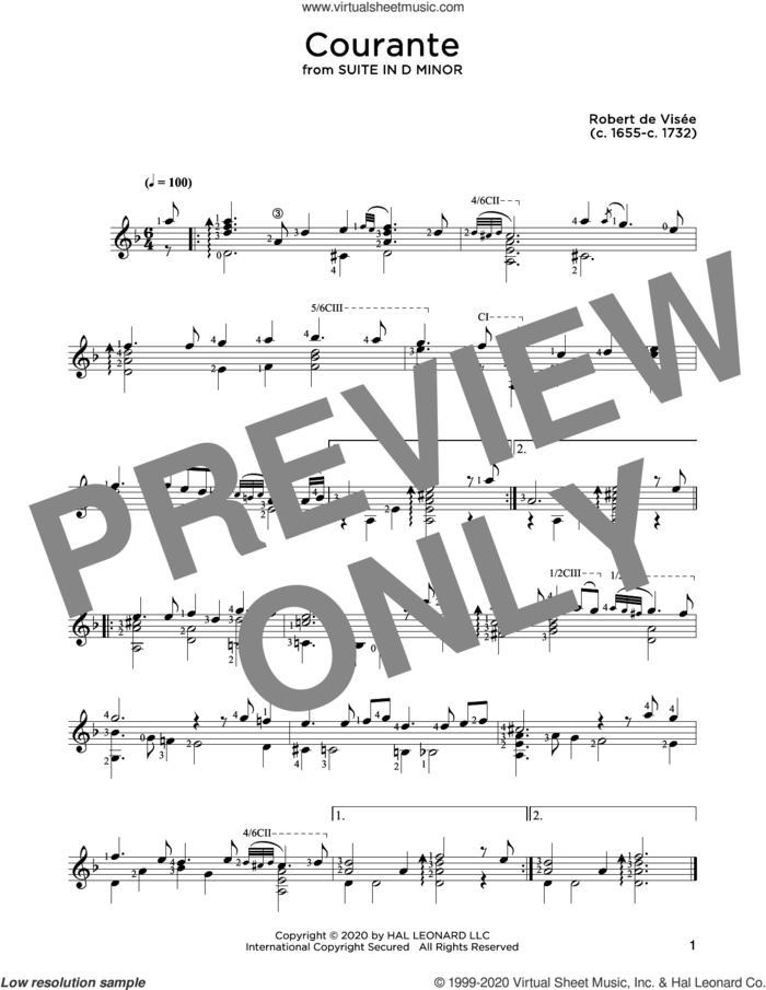 Courante sheet music for guitar solo by Robert de Visee and John Hill, classical score, intermediate skill level