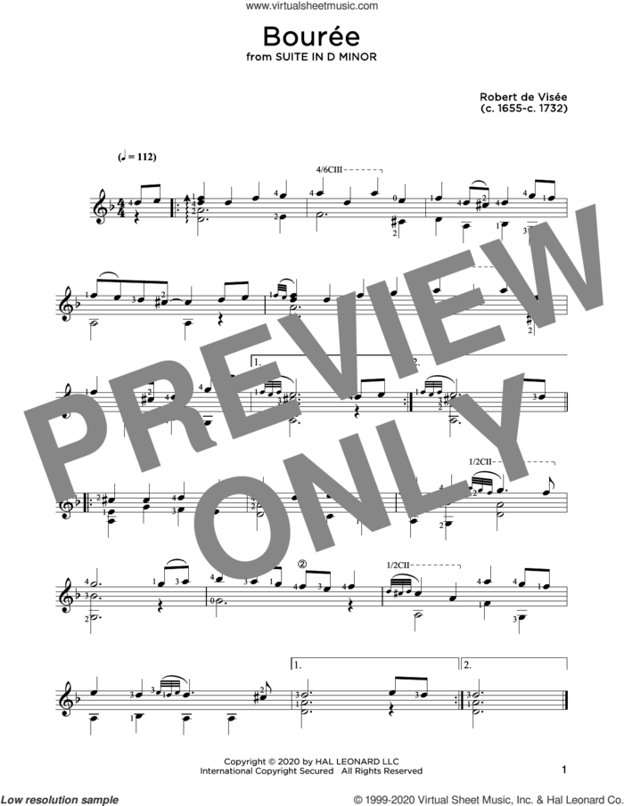 Bouree sheet music for guitar solo by Robert de Visee and John Hill, classical score, intermediate skill level