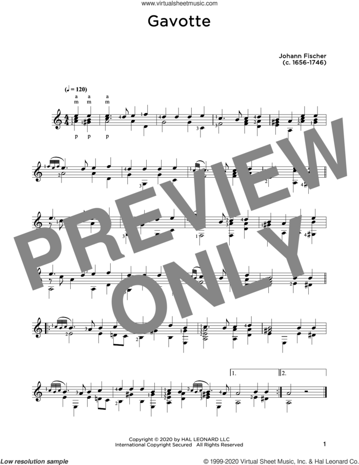 Gavotte sheet music for guitar solo by Johann Fischer and John Hill, classical score, intermediate skill level