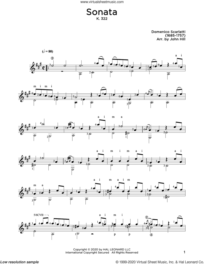 Sonata In A sheet music for guitar solo by Domenico Scarlatti and John Hill, classical score, intermediate skill level