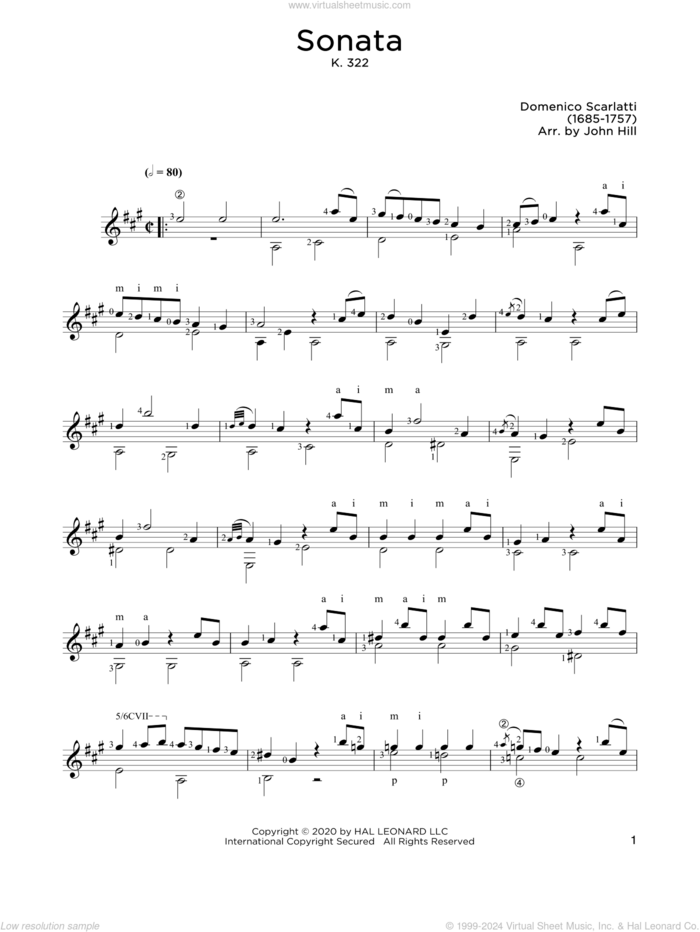 Sonata In A sheet music for guitar solo by Domenico Scarlatti and John Hill, classical score, intermediate skill level