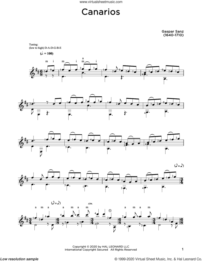 Canarios sheet music for guitar solo by Gaspar Sanz and John Hill, classical score, intermediate skill level