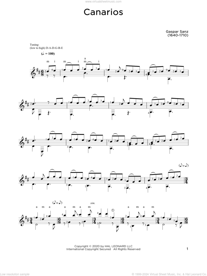 Canarios sheet music for guitar solo by Gaspar Sanz and John Hill, classical score, intermediate skill level