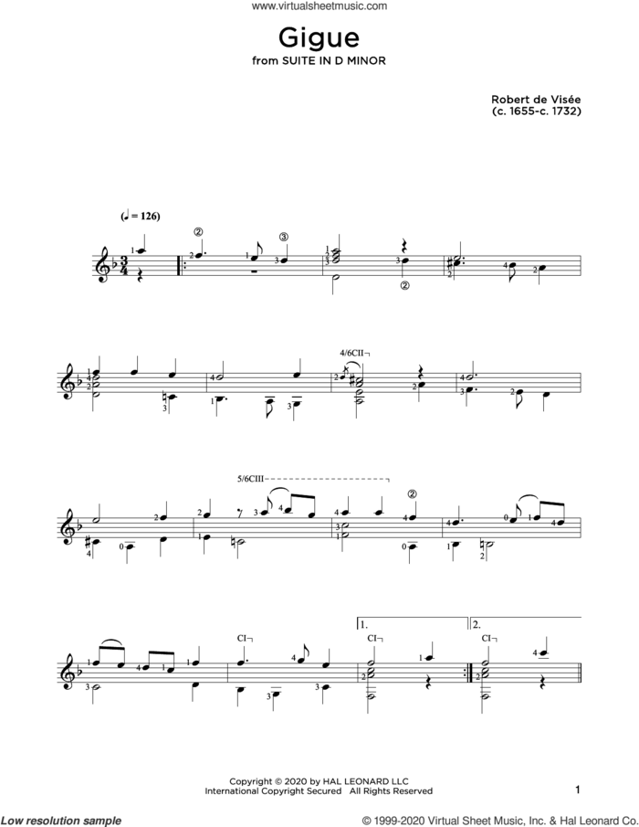 Gigue sheet music for guitar solo by Robert de Visee and John Hill, classical score, intermediate skill level