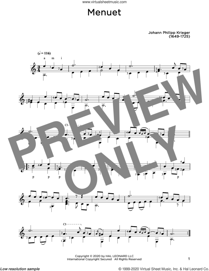 Menuet sheet music for guitar solo by Johann Krieger and John Hill, classical score, intermediate skill level