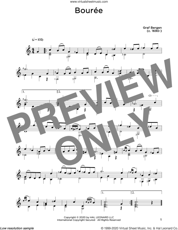 Bouree sheet music for guitar solo by Graf Bergen and John Hill, classical score, intermediate skill level