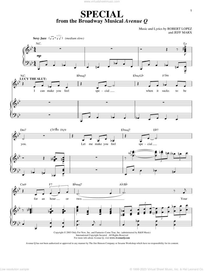 Special (from Avenue Q) sheet music for voice and piano by Avenue Q, Jeff Marx, Robert Lopez and Robert Lopez & Jeff Marx, intermediate skill level