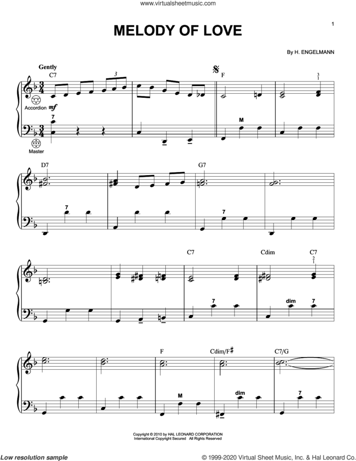 Melody Of Love sheet music for accordion by Billy Vaughn, H. Engelmann and Tom Glazer, classical score, intermediate skill level