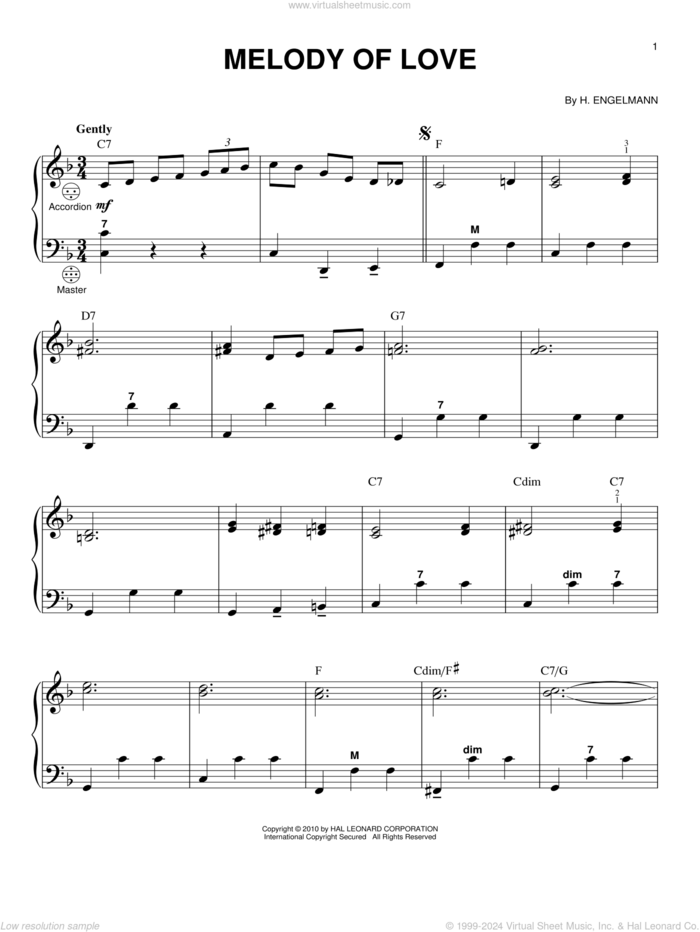 Melody Of Love sheet music for accordion by Billy Vaughn, H. Engelmann and Tom Glazer, classical score, intermediate skill level